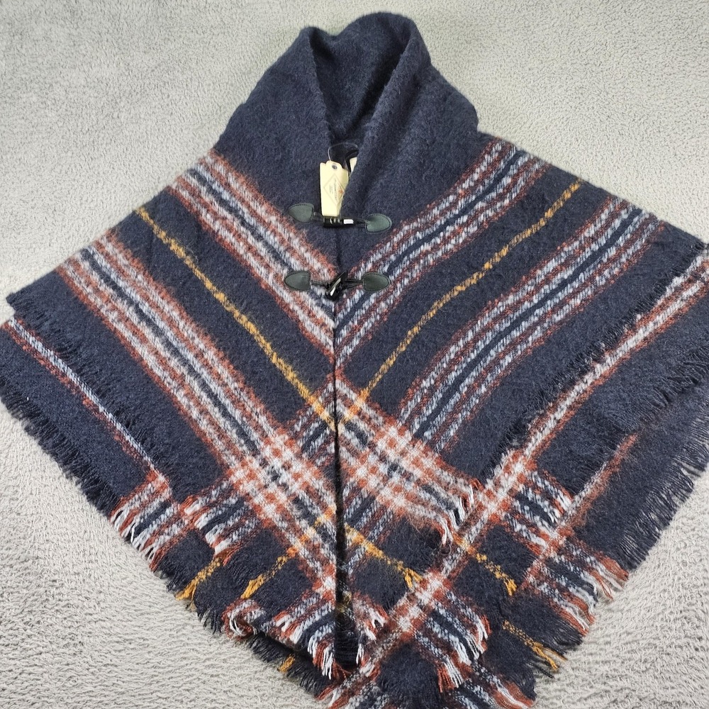St Johns Bay Shawl Wrap Womens One Size Blue Plaid Fringe Toggle‎ Poncho Scarf